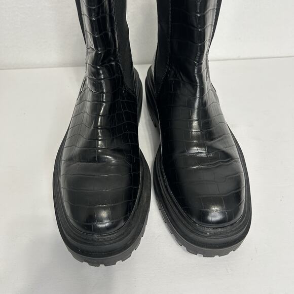 ZARA Black Chunky Chelsea Ankle Boots Womens 40/9 Lug Sole Platform Snake print - Picture 3 of 8